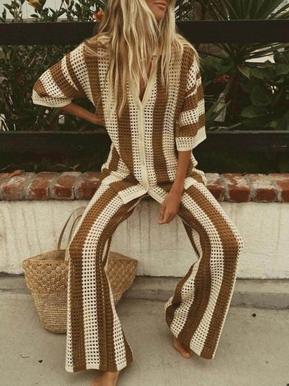 Loose V-Neck Fashion Hollow Out Striped Shirt Wide Leg Pants Set