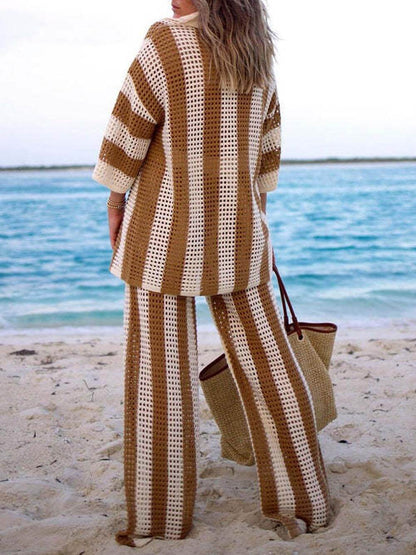 Loose V-Neck Fashion Hollow Out Striped Shirt Wide Leg Pants Set
