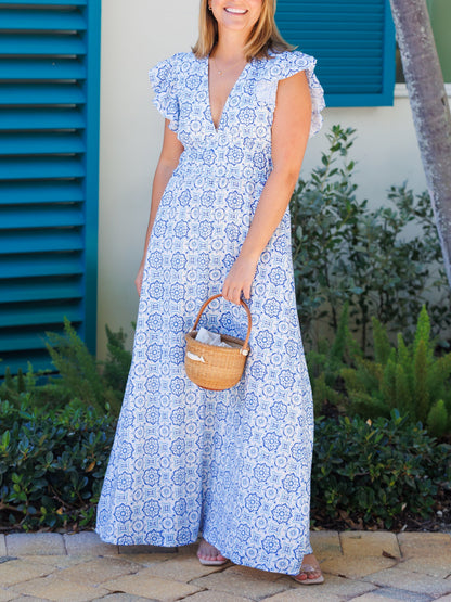 Blue Medallion V-Neck Flutter Sleeve Maxi Dress