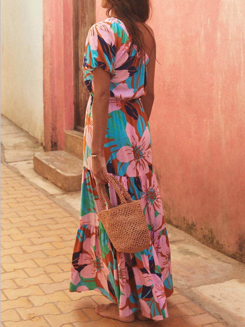 Off-Shoulder Palm Leaf Print Holiday Style Floral Dress