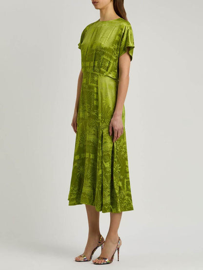Elegant Satin Unique Jacquard Print Midi Dress