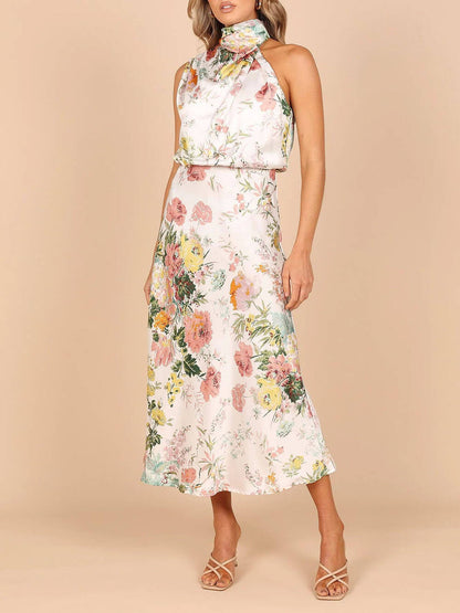 Halter Neck Floral Elastic Waist Maxi Dress