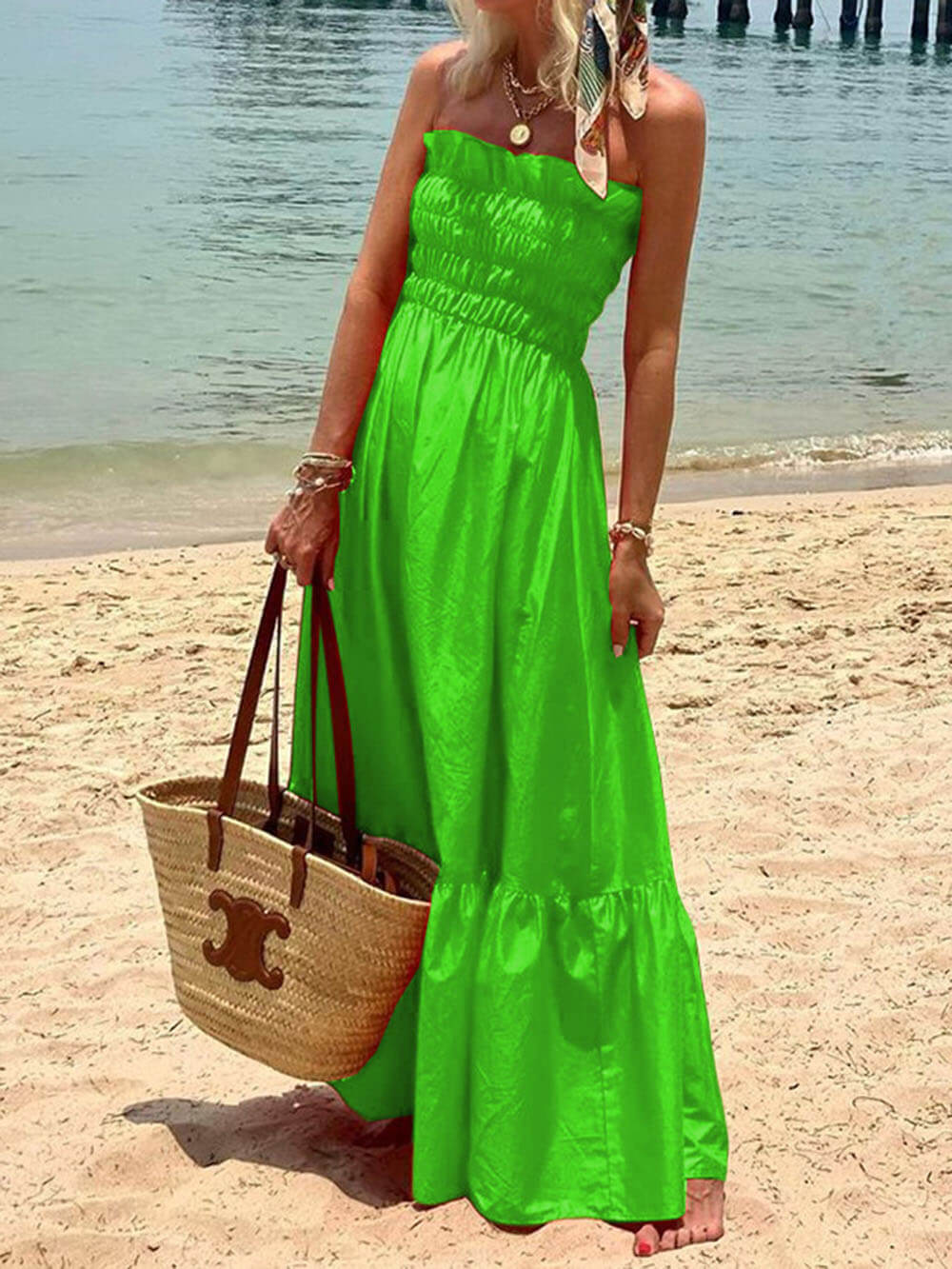 Off Shoulder Smocked Bust Vacation Maxi Dress