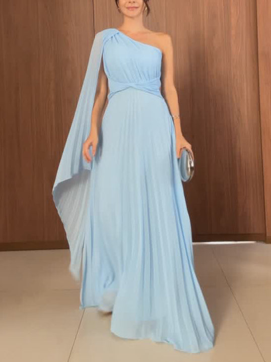 Elegant Flowing Pleated Off-the-Shoulder Maxi Dress