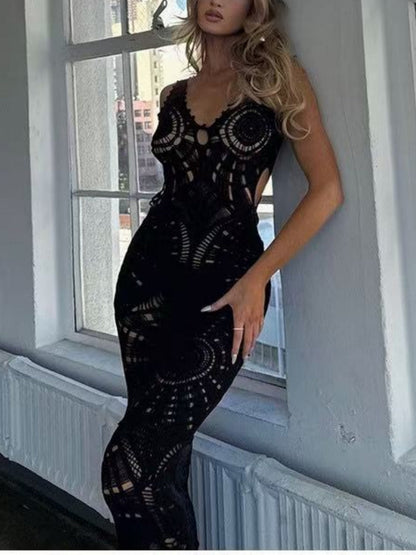 Beach Hollow V-neck Slim Sexy Midi Dress