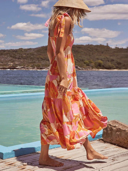 Sleeveless Sea Charm Pleated Stretch Chest Print Cami Dress